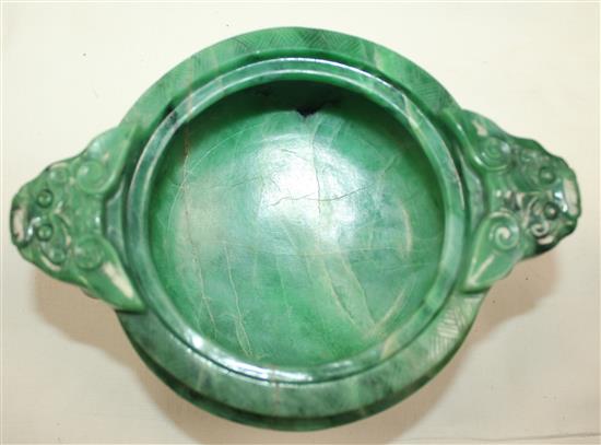 A good Chinese archaistic green jadeite censer and cover, Ding, 19th / 20th century, weight 1.6kg, width 16.7cm, height 13cm